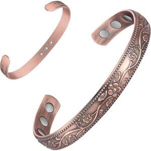 Pure Copper Magnetic Bracelet Womens Adjustable Cuff Bangle Vintage Flower